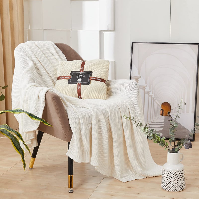 Longhui bedding Cream Cotton Cable Knit Throw Blanket for Couch Sofa Bed, Home Decorative Throw Blanket for Couch, Lightweight Woven Throw Blankets with Bonus Laundering Bag, 3.4 Pounds 60 x 80 Beige - Image 5